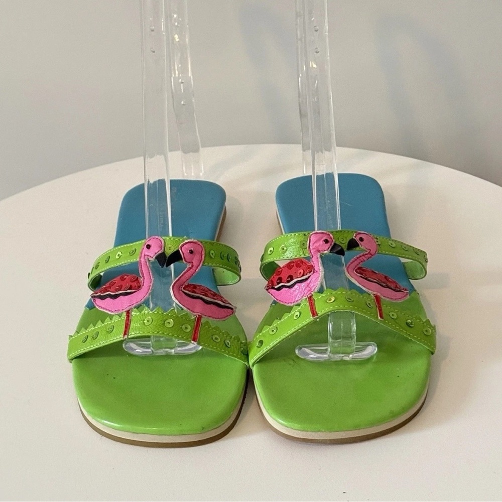 Michael Simon Pink Flamingo Slide Sandals Leather with Sequin Accents-Size 6.